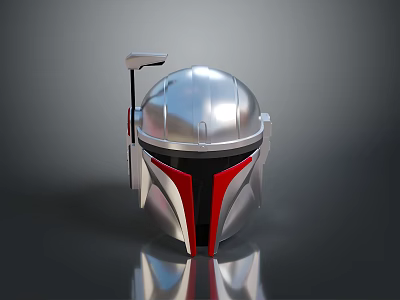 Futuristic Weapon Helmet Featuring Silver Metallic Body And Red Protective Stripes 3d model