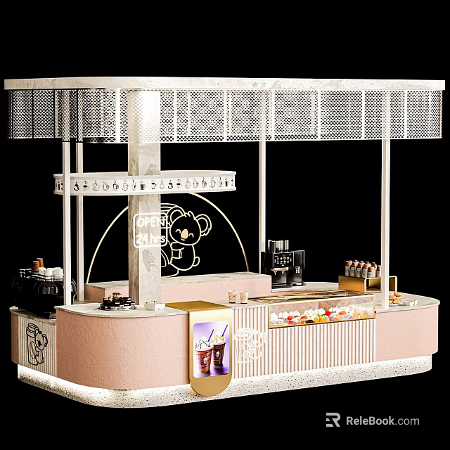 Modern Café Interior With Pink Counter Cartoon Bear Design And Drinks Desserts 3d model 