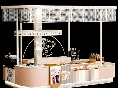Modern Café Interior With Pink Counter Cartoon Bear Design And Drinks Desserts 3d model