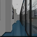 Modern Laboratory Interior With Blue Flooring Glass Partitions White Cabinets And Long Tables