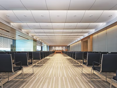 Modern Conference Room With Long Neatly Arranged Black Chairs Carpet Ceiling Lights And Large Windows 3d model