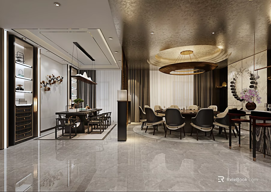 Elegant Modern Restaurant Interior With Marble Floor Chandelier And Dining Chairs 3d model 