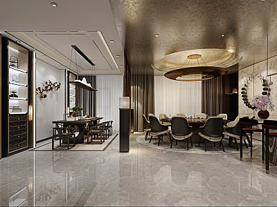 Elegant Modern Restaurant Interior With Marble Floor Chandelier And Dining Chairs 3d model
