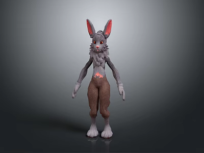 Anthropomorphic Character Creature with Rabbit Like Ears Gray Fur Brown Body and Red Glowing Chest 3d model