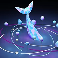 Polygonal Blue Purple Banana Shaped Object With Colorful Spheres And Glowing Rings