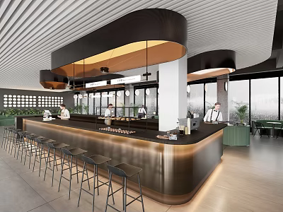 Modern Café Interior With Black Bar Counter High Stools Striped Ceiling And Large Windows 3d model