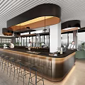 Modern Café Interior With Black Bar Counter High Stools Striped Ceiling And Large Windows