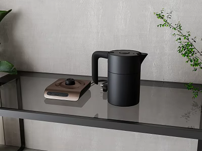 Black Electric Kettle And Brown Appliance Base On Glass Tabletop In Modern Home 3d model