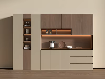Modern Sideboard With Light Wood Beige Storage Drawers Cabinets LED Lighting And Coffee Machine 3d model