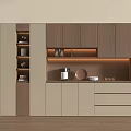 Modern Sideboard With Light Wood Beige Storage Drawers Cabinets LED Lighting And Coffee Machine