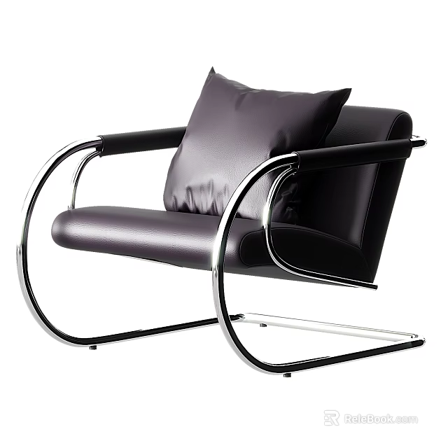 Stylish Modern Black Leather Leisure Armchair With Polished Chrome Metal Frame And Soft Support Pillow 3d model 