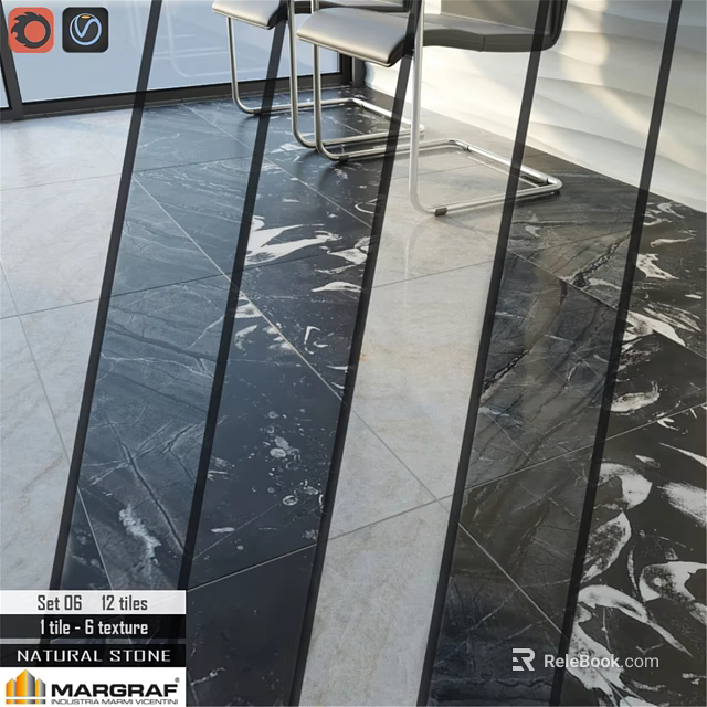 Set 06 12 Tiles With Black And White Marble Pattern For Modern Floor Design 3d model 