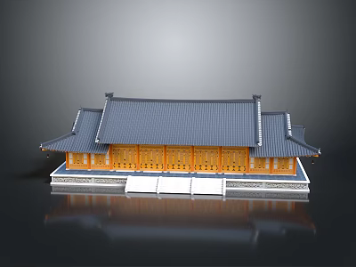 Traditional Architecture With Gray Tile Roof Curved Eaves Yellow Wooden Walls And Stone Steps 3d model
