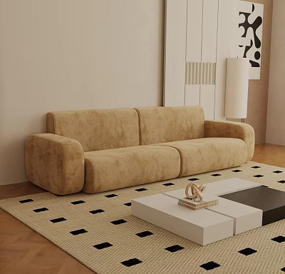 Plush Beige Three Seater Sofa In Modern Living Room With Black Square Rug And White Black Coffee Table 3d model