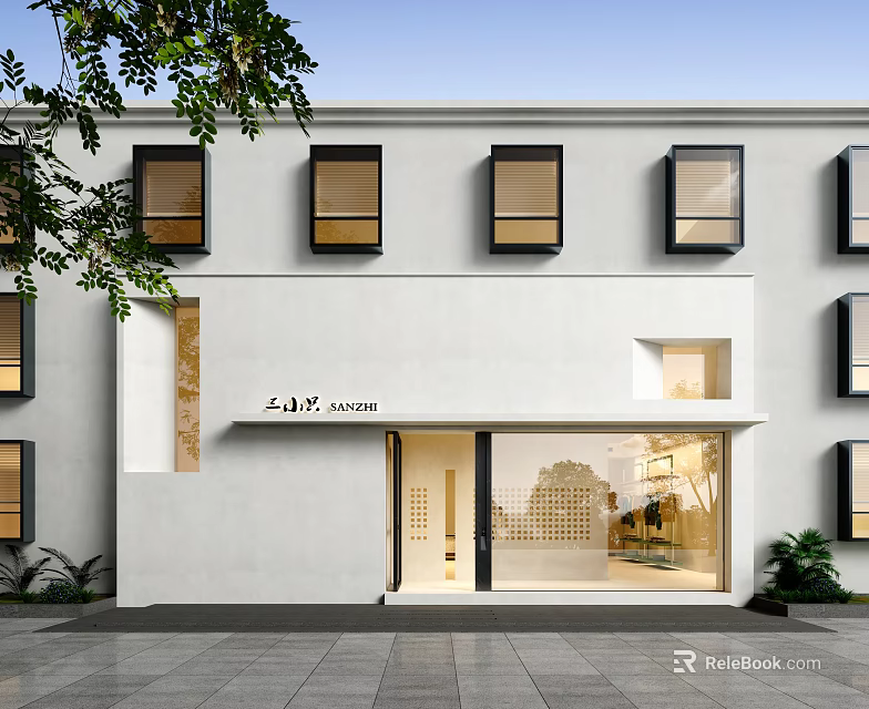 Modern Commercial Storefront Facade With Glass Doors And White Wall Design 3d model 