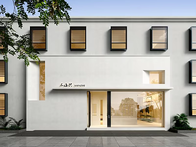 Modern Commercial Storefront Facade With Glass Doors And White Wall Design 3d model
