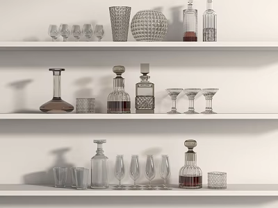 Glass Kitchenware On White Shelves With Wine Glasses Decanters And Bottles 3d model