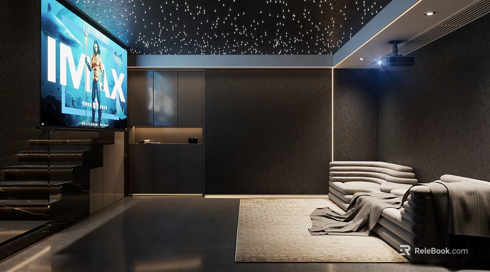 Modern Home Theater Interior Design With Starry Ceiling And Cozy Sofa 3d model