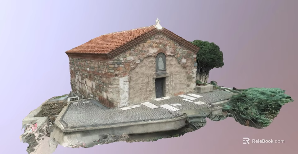 Ancient Stone Church With Red Tile Roof White Cross Small Window And Trees 3d model 