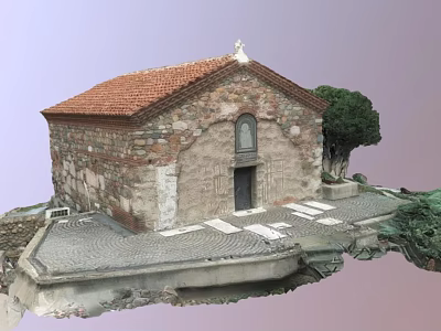 Ancient Stone Church With Red Tile Roof White Cross Small Window And Trees 3d model