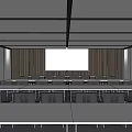 Modern Meeting Room Interior With Projection Screen Wooden Wall Panels Tables And Chairs