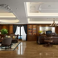 Hotel Public Lounge Area With Wooden Panel Walls Dark Leather Furniture And Marble Floor Tiles