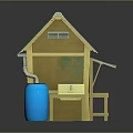Cartoon Style Adorable Hut With Green Corrugated Roof Blue Barrel Small Sink And Wooden Bench
