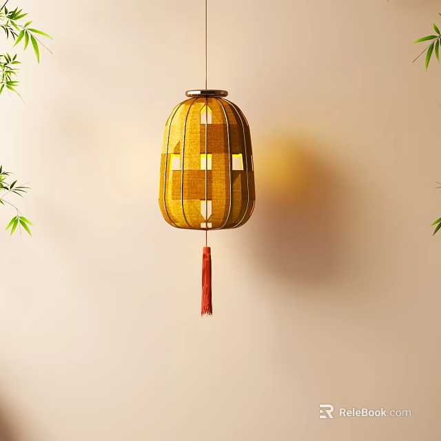 Hanging Yellow Woven Lantern With Red Tassel And Bamboo Leaves On Light Wall 3d model 