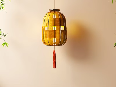 Hanging Yellow Woven Lantern With Red Tassel And Bamboo Leaves On Light Wall 3d model