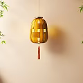 Hanging Yellow Woven Lantern With Red Tassel And Bamboo Leaves On Light Wall