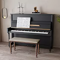 Elegant Black Upright Piano Interior With Music Sheet Bench And Green Plants