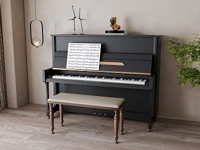 Elegant Black Upright Piano Interior With Music Sheet Bench And Green Plants 3d model