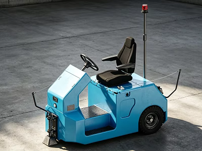 Blue Utility Vehicle with Black Seat Steering Wheel and Red Warning Light on Concrete Floor 3d model