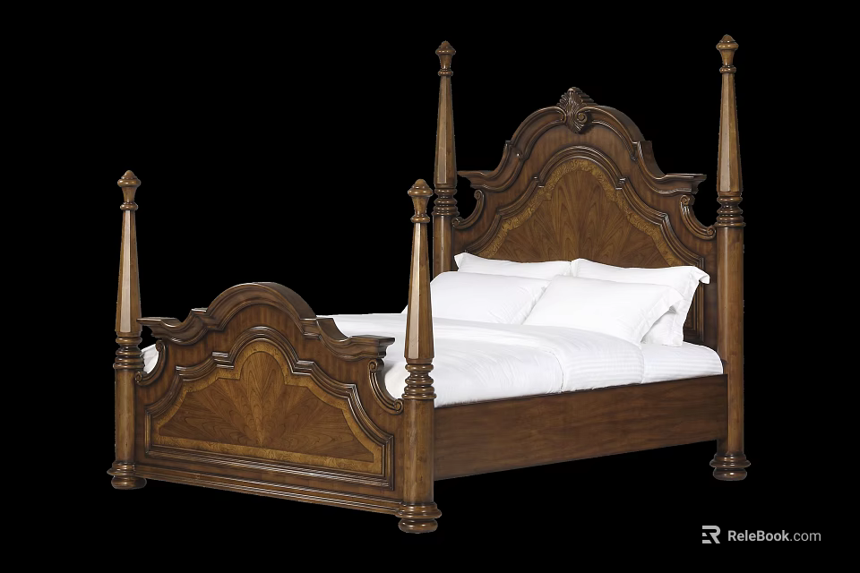 Classic Solid Wood Double Bed With Carved Headboard Decorative Posts And White Bedding 3d model 