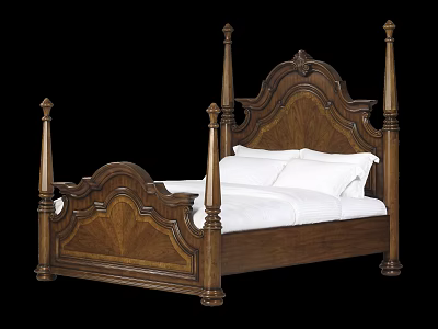 Classic Solid Wood Double Bed With Carved Headboard Decorative Posts And White Bedding 3d model