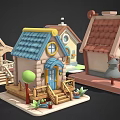 Cartoon Style Houses With Colorful Rooftops Wooden Porches Small Plants And Cute Village Scene