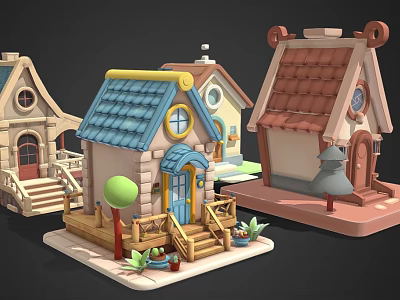Cartoon Style Houses With Colorful Rooftops Wooden Porches Small Plants And Cute Village Scene 3d model