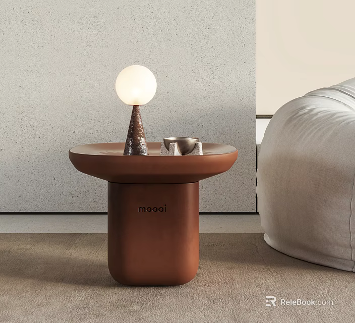 Brown Side Table With White Spherical Lamp And Metal Cups By Gray Wall 3d model