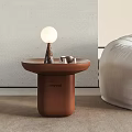Brown Side Table With White Spherical Lamp And Metal Cups By Gray Wall 3d model