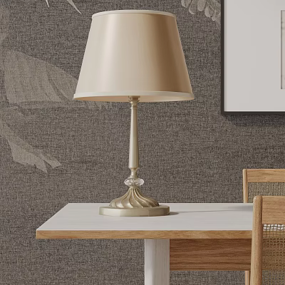 Elegant Table Lamp with Beige Lampshade and Crystal Base on White Table near Wooden Chair 3d model