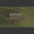 Single Story Wooden House With Gray Roof Chimney And Railed Patio On Green Lawn