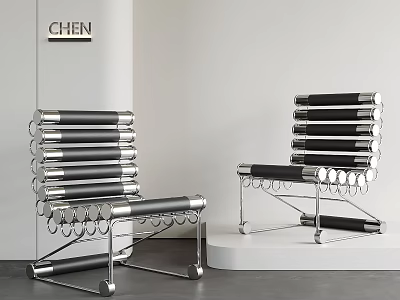 Sleek Modern Metal Lounge Chairs With Black Backrest And Silver Ring Accents 3d model