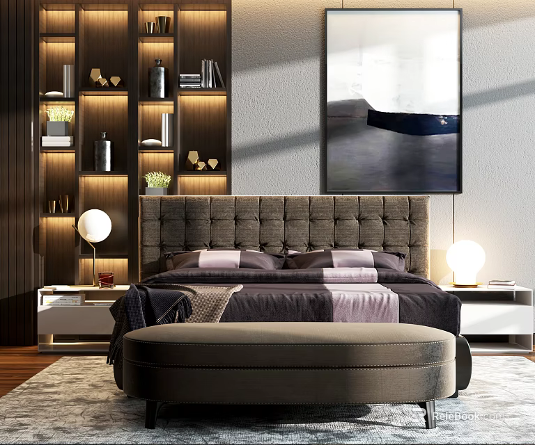 Elegant Double Bed With Upholstered Headboard Bedside Lamps And Abstract Wall Art 3d model 