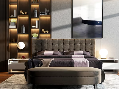 Elegant Double Bed With Upholstered Headboard Bedside Lamps And Abstract Wall Art 3d model