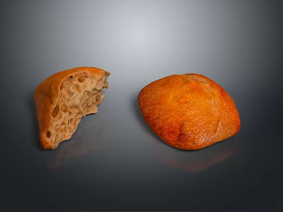 Golden Crust Bread With Bitten Piece And Whole Loaf On Dark Surface 3d model