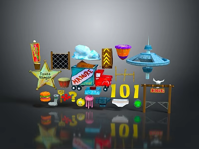 Train Traveling Through Scene With Happy Diner Burger Fries Danger Sign And Arrow 3d model