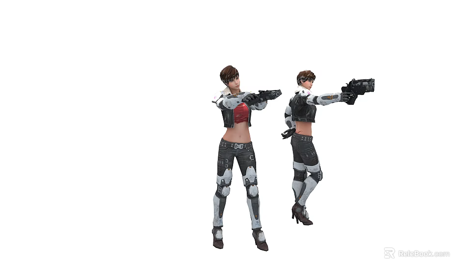 Woman in Futuristic Tactical Combat Outfit Holding Weapon in Different Poses 3d model 