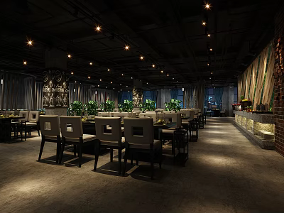 Modern Restaurant Interior With Wooden Tables Soft Lighting And Green Plants 3d model