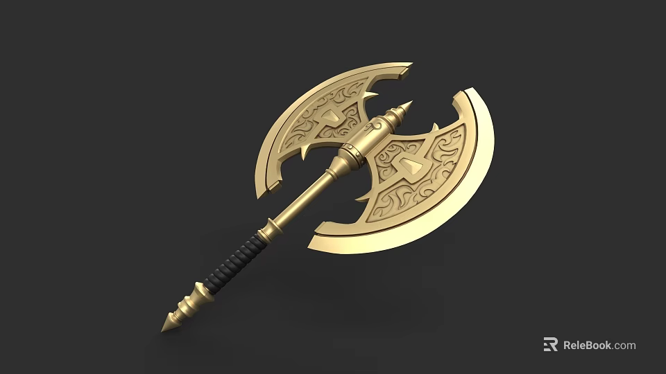 Golden Ornate Battle Axe With Intricate Patterns And Black Handle Design 3d model 