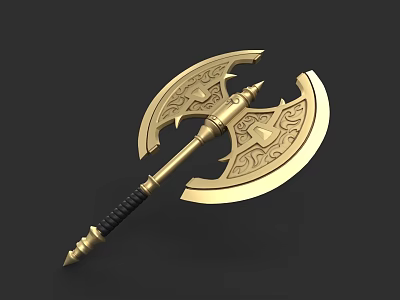 Golden Ornate Battle Axe With Intricate Patterns And Black Handle Design 3d model